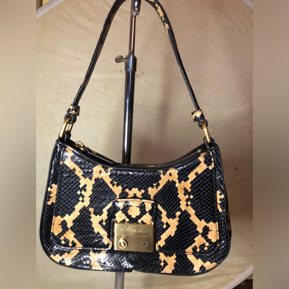3.1 Phillip Lim Black and Tan Snakeskin Shoulder Bag. CALLOUT